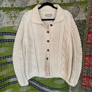 Pitlochry Ivory New Wool Hand Knit Fisherman's Cardigan Size Medium (Stains)
